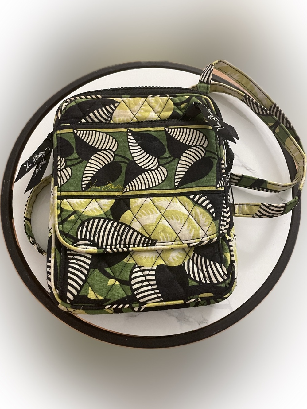 Vera Bradley Quilted Leaf Print Crossbody in Green and Black